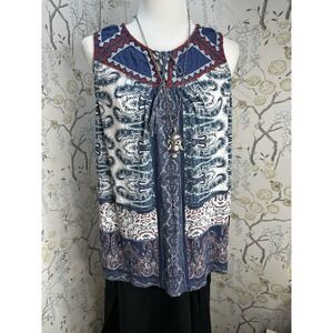 Womens Lucky Brand Boho Style Navy Red Sz 1X Embroidered Top Blouse Sleeveless‎